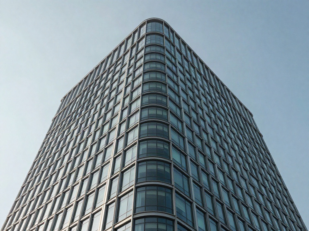 Upward perspective of a sweeping glass office tower against a clear sky